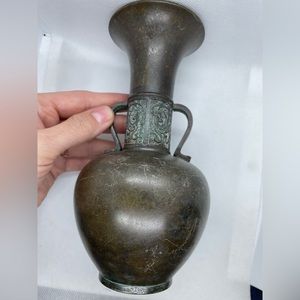 Antique Vintage Japanese Patinated Bronze Verdigris Vase Vessel 7-3/8"